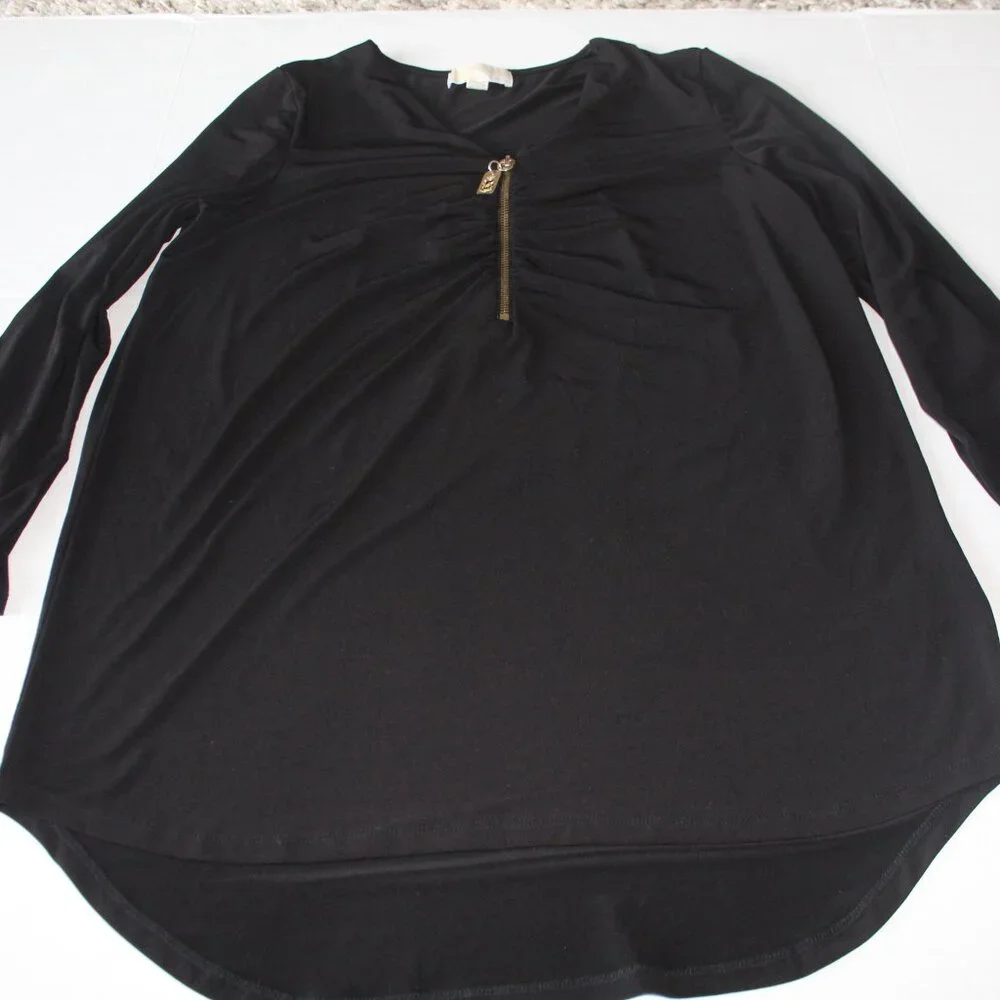 Womens Michael Kors Black Front V-Neck 3/4 Roll Tab Sleeve Blouse Top Size Large